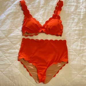 J.Crew Scallop piqué V-neck bikini top and high-waist bottom in red